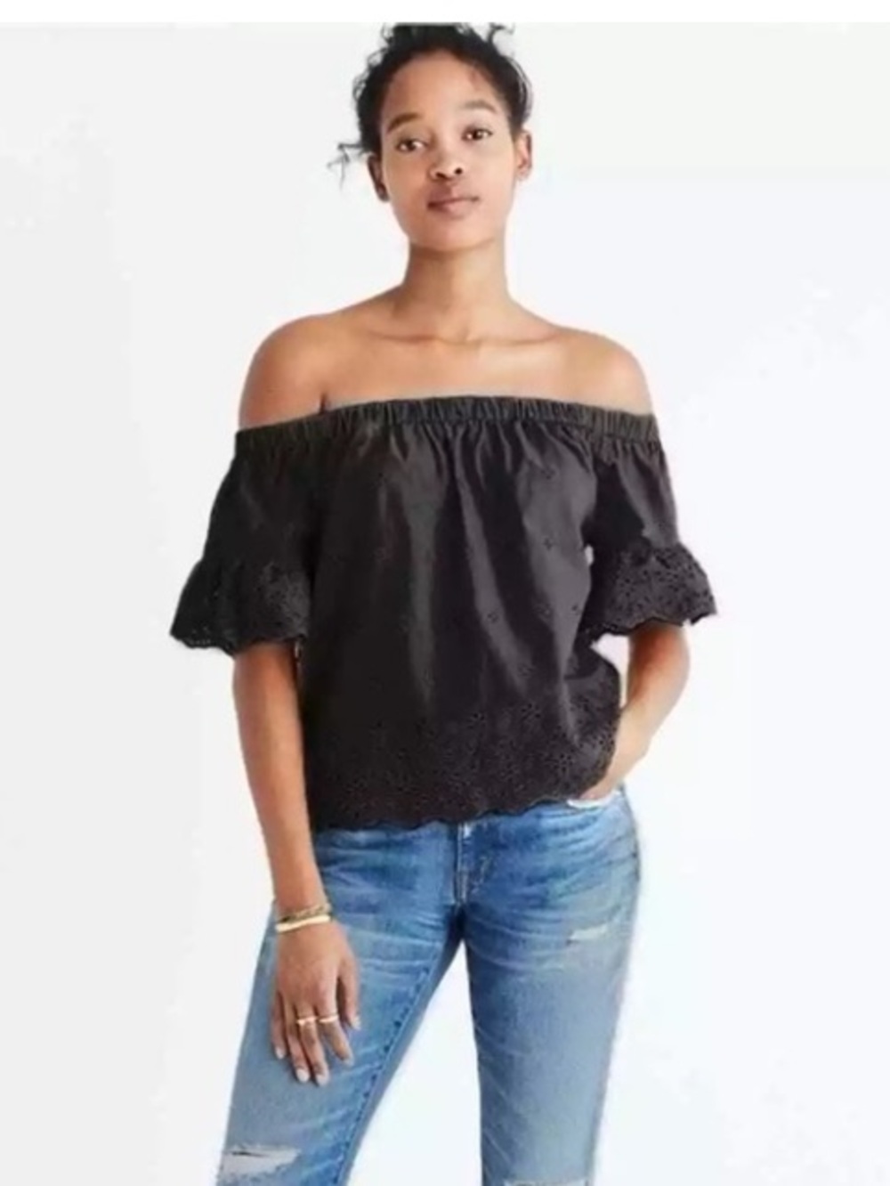 Madewell Black Eyelet off the shoulder top
